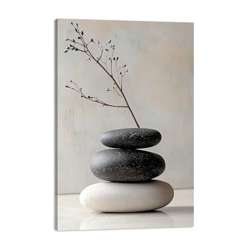 Modern Zen Canvas Wall Art - Black and White Stones