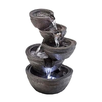 Alpine Corporation WIN1138 13" Indoor Tabletop Tiering Bowls Water Fountain with LED Lights – Cascading Water Feature for Home, Office, Meditation, and Relaxation, Dark Gray
