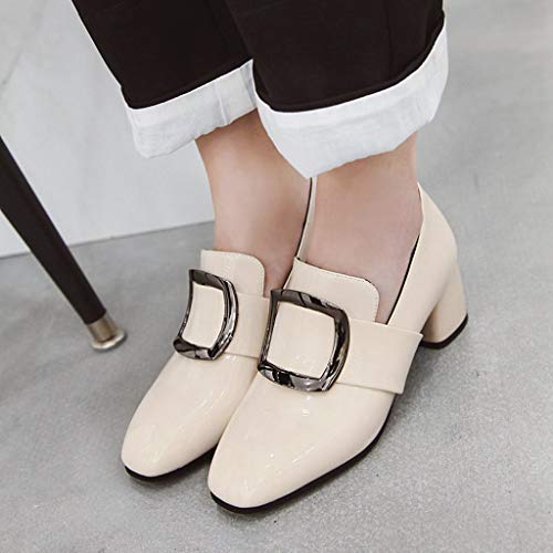 MIOKE Women's Fashion Pointed Toe Pumps T-Strap Buckle Chunky Block High Heel Mary Jane Oxford Dress Shoes3