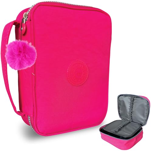Estojo Box Escolar Grande 100 Lápis Nylon Com 25 Elásticos (Pink com pompom)