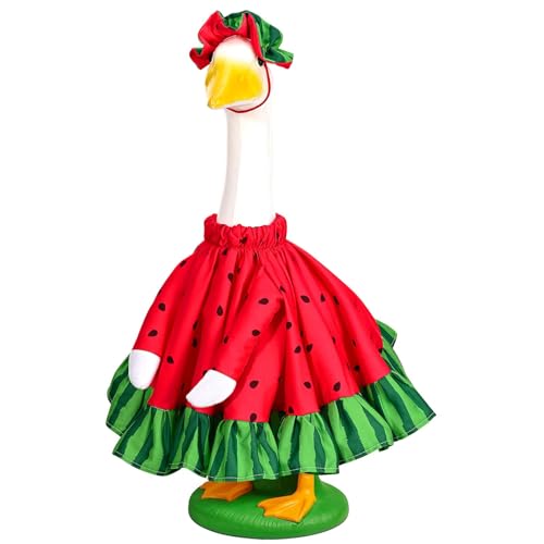 JcHrmers Watermelon Goose Outfits Porch Goose Clothes, Summer Dress with Frilled Hat & Skirt, Fits 23" Cement Plastic Goose Statue for Outdoor Garden Yard Patio Lawn Art Decor