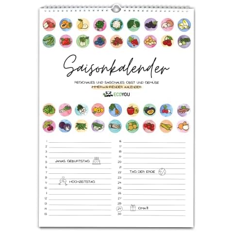 EcoYou Seasonal Calendar for Fruit and Vegetables - A3 - Wall and Birthday Calendar - Sustainable & Undated - Made in Germany Cover
