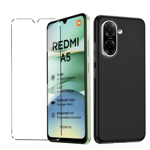 HuiYouMY Funda y Cristal Templado 1Pcs Protectora Capa Compatible with Xiaomi Redmi A5 4G Antigolpes Fundas Carcasa Compatible with Xiaomi Redmi A5 4G Silicona Funda de Móvil -Black