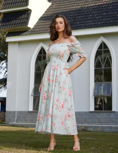 Image of Scarlet Darkness Floral Dress for Women Summer Puff Sleeve Square Neck A Line Flowy Wedding Guest Tea Party Dresses