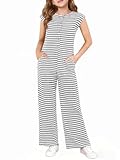 Haloumoning Girls Striped Jumpsuit Kids Summer Cap Sleeve Wide Leg Romper Button Down Outfits 5-14 Years