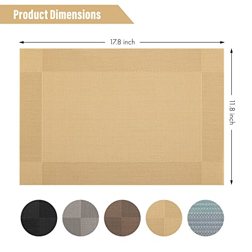 Tamatesin Placemats Set Of 4, Place Mats With Heat Stain Scratch Resistant For Indoor/Outdoor Use, Easy To Cleaning Washable Woven Vinyl Table Mats For Dining Table (Gold) #TOP4