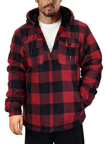Image of Men's Flannel Jacket Hoodie Full Zip Up Plaid Thick Fleece Sherpa Lined Sweatshirt Winter Warm Coats