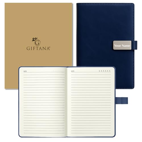 Image of Giftana Personalized Diary with Name, Customized Leather Diaries with Magnetic Overlap Lock,192 Pages, Personalised A5 Notebook Diary, New Year Corporate Gifts for Employee (Blue)
