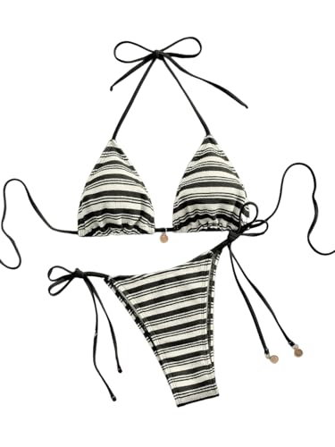 Image of ZAFUL 2 Piece Triangle Bikini for Women Knitted Rope Halter Bikini Sets Sexy Bathing Suit Side Tie Swimsuits Beachwear