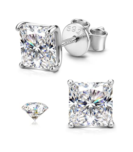 GEMQUEEN Moissanite Earrings Studs for Men Women - 18K White Gold Plated Solid 925 Sterling Silver Stud Earring Mens Moissanite Jewelry Hypoallergenic for Sensitive Earrings Square Princess Cut 5mm