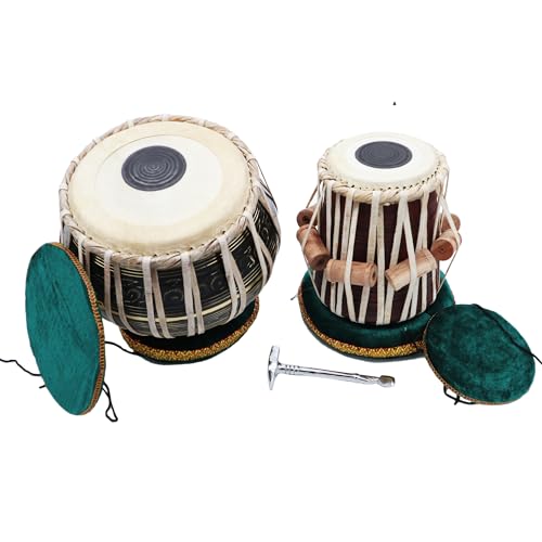 Zaza Percussion - Tabla Drum Set - Bayan Drum & Finest 5.5 Wood Dayan with Hammer Cushions and Cover (Black Brass)