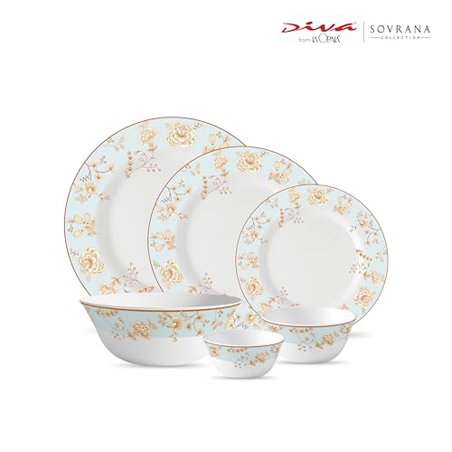 Image of La Opala Diva Sovrana Collection Opal Glass Crockery | for Family of 6 | Dinner Set 33 pcs Medusa Gold | Plates & Bowls for Dining | Microwave Safe | 100% Vegetarian | Extra Strong | Light & White
