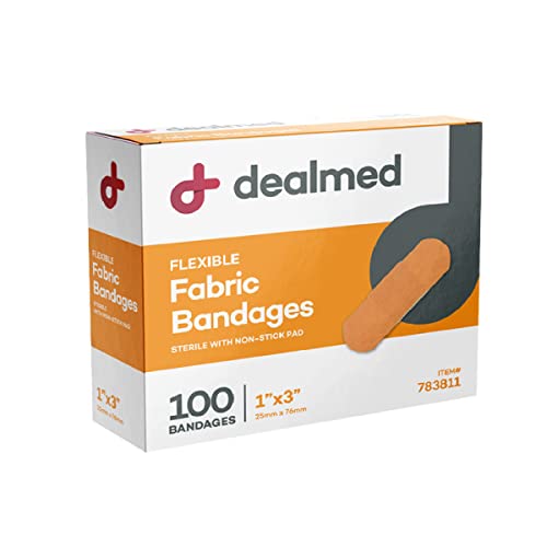 Dealmed Sterile Flexible Fabric Adhesive Bandages 1x3 Inch 100/Box - Breathable First Aid Strip Pack - Soft Stretch Wound Patch for Medical Emergency Kits & Clinic