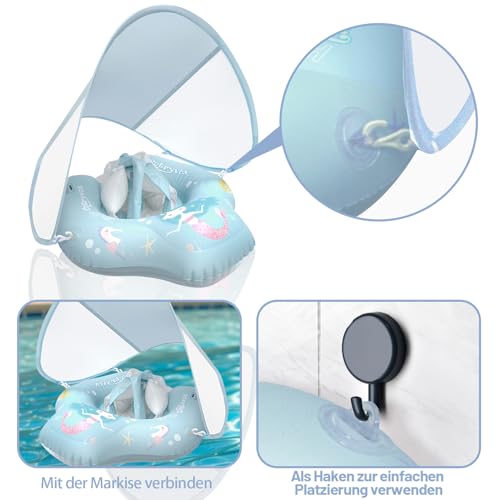 Schwimmring Baby mit UPF 50+ Abnehmbarem Sonnendach,Blau Aufblasbarer Schwimmreifen Baby, Aufblasbare Schwimmtrainer mit Sicherheitssitz für 6 Monate bis 10 Monaten Kinder, Kleinkinder-L.