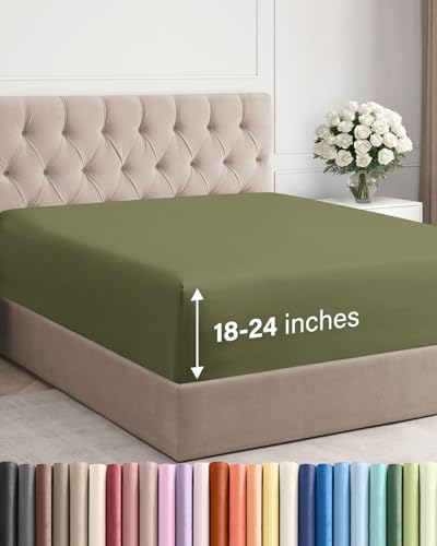 Image of Extra Deep Full Fitted Sheet - Single Fitted Sheet Only - Sage Green | Easily Fits 18 inch to 24 inch Mattress, Soft, Wrinkle Free, Breathable & Comfy, Extra Deep Pockets Hotel Luxury Fitted Sheet
