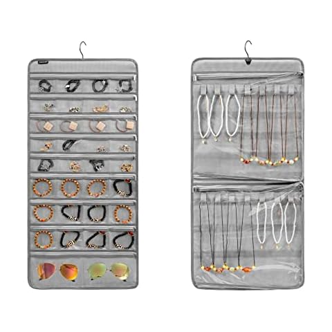 ANZORG Dual-sided Hanging Jewelry Organizer Necklace Holder Jewelries Storage with 34 Zippered Pockets and 14 Dustproof Hook Loops (GREY) Cover