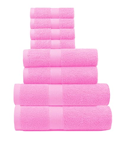 BY LORA Pink 8 Piece Cotton Towel Set, 540 GSM Cotton, 2 Bath 2 Hand 4 Washcloths, Soft Absorbent Blank Towels for Bathroom Coastal Nautical Spa Hotel