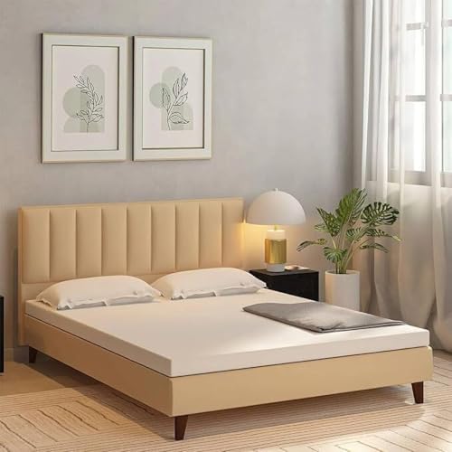 Image of Wooden Modern Upholstered Queen Size Bed for Bedroom | Wooden Double Bed Without Storage | Platform Cot Upholstered Bed with Upholstery Fabric | Engineered Wood | 6.5 x 5 Ft | Beige
