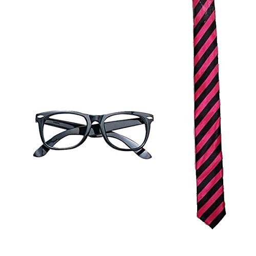 Blue Planet Online - Geek Nerd Glasses & Neck Tie Fancy Dress School Boy Girl (Black/Pink Striped) by Blue Planet Online