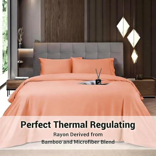 Image of Shilucheng 4 Piece Full Sheet Sets, Cooling Sheets, Blend Rayon Derived from Bamboo, Deep Pocket Up to 16 inch, Breathable & Soft Bed Sheets, Hotel Silky Bedding Set, Coral