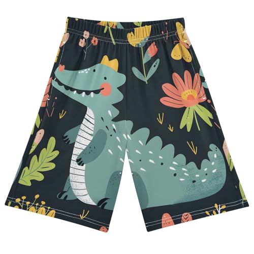 Cartoon Sleep Shorts, Crocodile Small Flower Black Small Flower Black Pajama Shorts, Soft PJ Bottoms