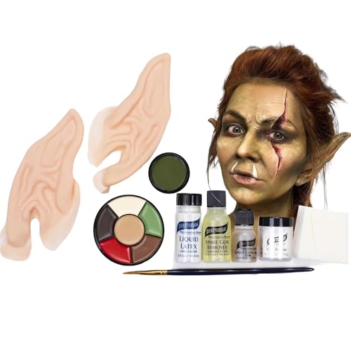 Graftobian Orc & Goblin Ear Complete Makeup Kit - Ears with Adhesive & Skin Tone Makeup - for Cosplay, Halloween Costumes, & Theater - Full Color Instructions