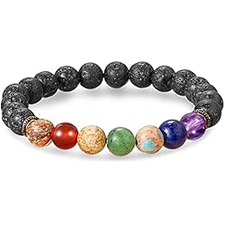 Pulseras Curativas Para Mujer Farfume Pulseras de chakra para mujer - Pulsera de cristales de piedras curativas para mujer Piedras preciosas naturales Yoga Reiki Brazalete - Un juego de pulseras dobles(Chakra y Piedra de Lava)