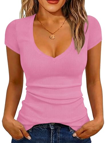 Image of Albe Rita Women Short Sleeve T-Shirt Cap V Neck Shirts for Women Ribbed Casual Top Knit Slim Fit for Summer
