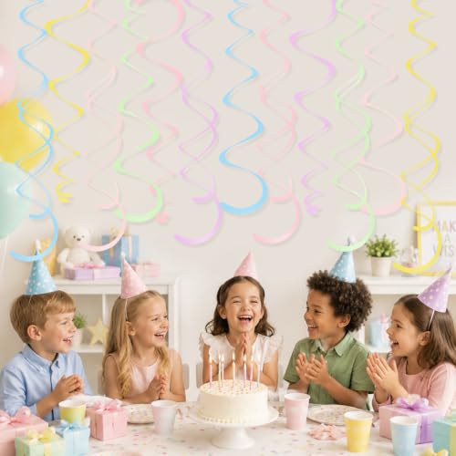 Image of 24 PCS Pastel Macarons Hanging Swirl,Sparkle Ceiling Hanging Decorations, Plastic Streamer Party Decorations with Double-Swirls and Single-Swirls for Birthday, Spring, Bridal, Gender Reveal, Wedding