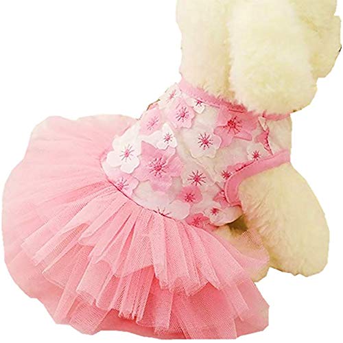 Clopon Dog Cute Floral Dress Pet Party Costumes Doggie Mesh Flower Bow Princess Apparel Tutu Lace Dresses (Pink, XXL)