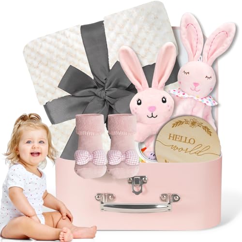 Image of Baby Girl Gifts Newborn Gift Set, Baby Girl Newborn Essentials Gift Basket, Multiple Pieces Baby Girl Gift Basket with Baby Bunny Handbell, Baby Blanket, Keepsake Milestone, Bunny Toy, Baby Socks