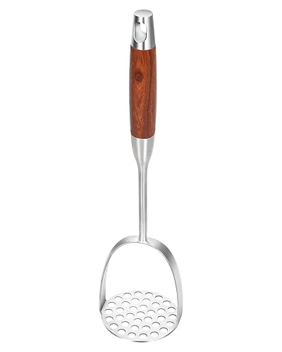 Brigii Potato Masher, Wooden Handle Potato Press, 304 Stainless Steel