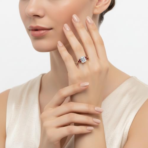 Image of Choose Your Gemstone Emerald Cut Petite Cathedral Diamond CZ Ring Yellow Gold Plated Emerald Shape Petite Engagement Rings for Women, Girls and Ladies US Size 4 to 12