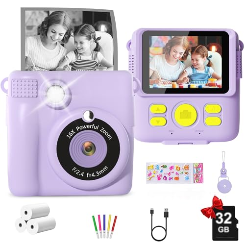GKTZ Kids Camera Instant Print - 2.4" Eye-Care Digital Video Camera for Toddlers & Kids Ages 3-12, with 3 Rolls Paper & 32GB SD Card, 1080P, 18 Frames, Birthday Christmas Valentines Gifts for Girls
