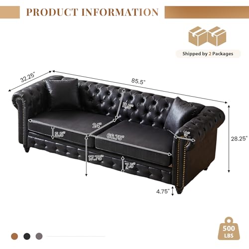 Image of Modern Chesterfield Sofa Couch, 85.5-inch Faux Leather 3-Seater Sofa with Rolled Arms and Tufted Button for Living Room, Office, Black