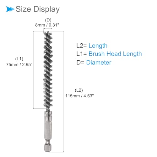 Image of Bore Brush, 8mm Dia 4.5 inch Length, Stainless Steel Cleaning Wire Brushes with 1 /4 Inch Hex Shank - (Applications: for Power Drill, Die Grinder), 5-Pieces