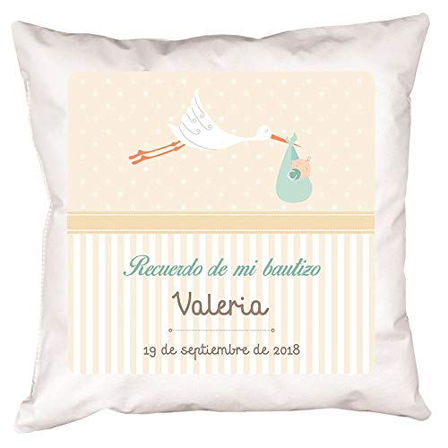 Calledelregalo Regalo Personalizado para bautizos: cojín Personalizable con el Nombre del bebé y la Fecha de Bautizo