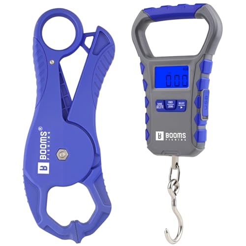 Booms Fishing Scale with Fish Gripper: Small Digital Fish Scale and Lip Grabber Combo - Fish Weigher with 65lbs/30kg Capacity, USB Charging, LCD Display, Memory Storage - Fishing Tools for M