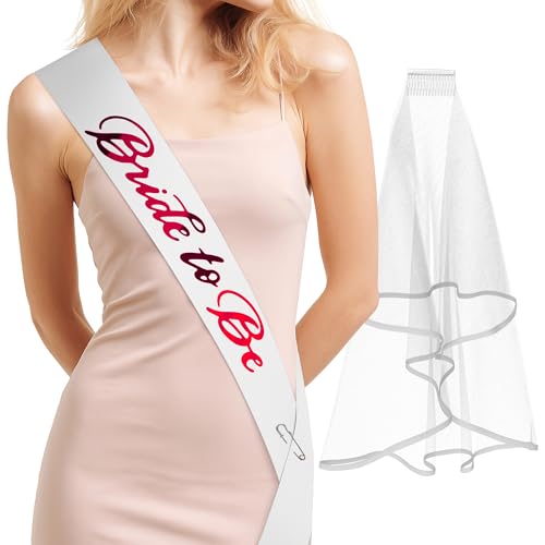 Bride to Be Sash and Veil – Elegant White Bride Sash made of Soft Satin with Pink Letters & Safety Pin, Cascading Veil with Plastic Comb – Adorable Bachelorette Party Favors & Bridal Shower Gifts