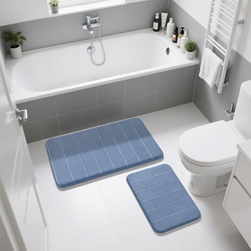 Image of Yimobra Memory Foam Bathroom Rugs Sets 2 Piece - Super Soft Absorbent Quick Dry Bath Mat Set, Machine Washable Non Slip Floor Carpet for Tub Shower & Single Sink (17x24 & 31.5x20 Inch, Denim Blue)