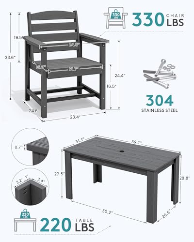Image of SERWALL 59 inch HDPE Outdoor Dining Set for 6, w / 1 Table & 6 Armchairs, Gray