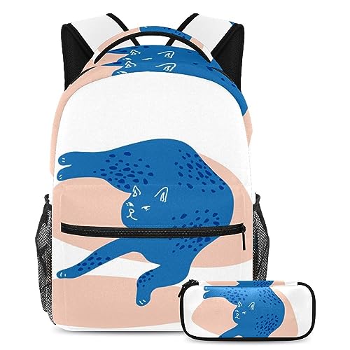 Sac à dos chat bleu avec trousse pour l'école et les voyages des élèves