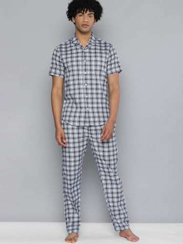 Image of The Indian Garage Co Men's Cotton Slim Fit Polka Dot Shirt & Pant Lounge Wear Set