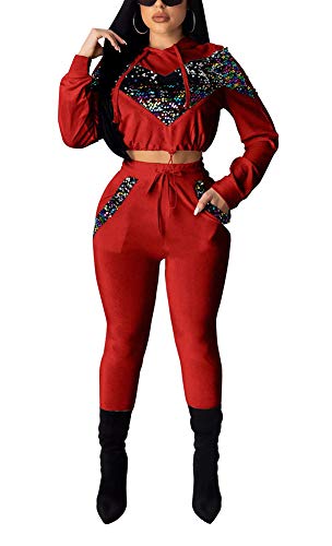 Women's Sequin 2 Piece Outfit Velvet Sweatshirt Pullover Tops and Bodycon Pants Set Red