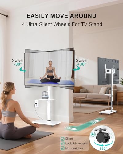 Image of WALI Rolling TV Stand with Power Outlet & AV Shelf, Mobile Tall TV Stand Mount on Wheels for 34-75 inch TV up to 110 lbs, Swivel Height Adjustable TV Cart with Wood Base for Bedroom(TVDVD-6PRW), White