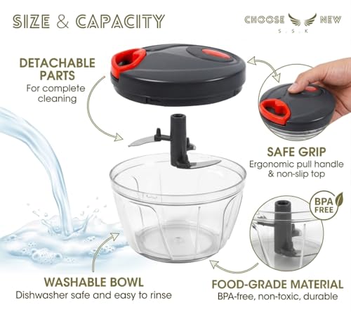 Image of Vegetable Chopper | Manual Food Chopper with Stainless Steel Blades | Onion Cutter, Garlic Cutter, Chilli Cutter (Multicolore, 450ml)