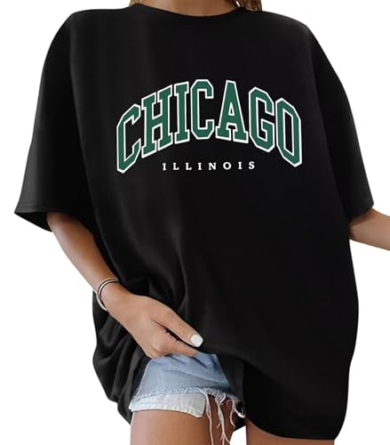 Image of ORANDESIGNE Womens Oversized Cotton T Shirts Graphic Short Sleeve Tops, Chicago Black, M