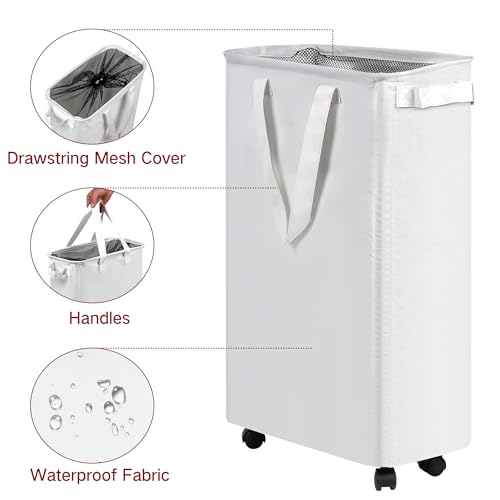 efluky Slim Laundry Hamper with Wheels, Rolling Laundry Basket for Clothes, Small Laundry Basket for Bedroom, Dorm and Laundry Room, 60L (12.7 Gallons) White