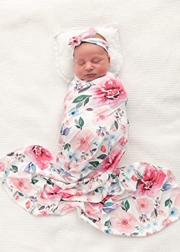 Image of Terriboo Newborn Receiving Blanket and Headband Set Flower Print Baby Swaddle Wrap Floral (Floral)