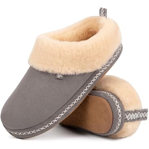 FamilyFairy Women's Cozy Micro Suede Slippers Memory Foam Warm Slippers with Fuzzy Faux Fur Collar Winter Indoor House Shose Grey 7-8 Cover